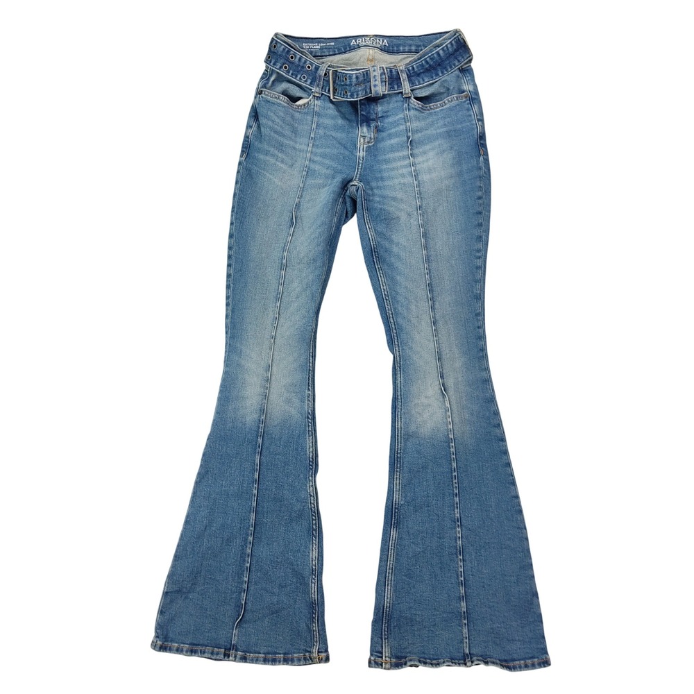 Arizona Jeans Women 2 Blue Y2K Flare Extreme Low-Rise Seam Front Belted Denim